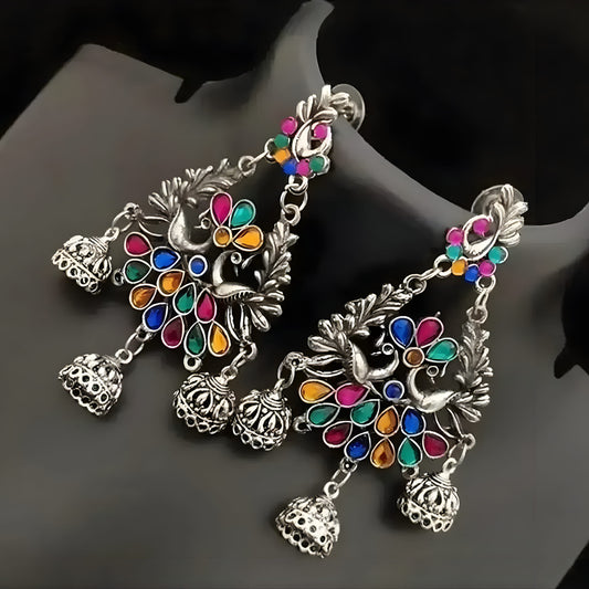 Rainbow Charm German Silver Oxidised Statement Jhumka Earrings